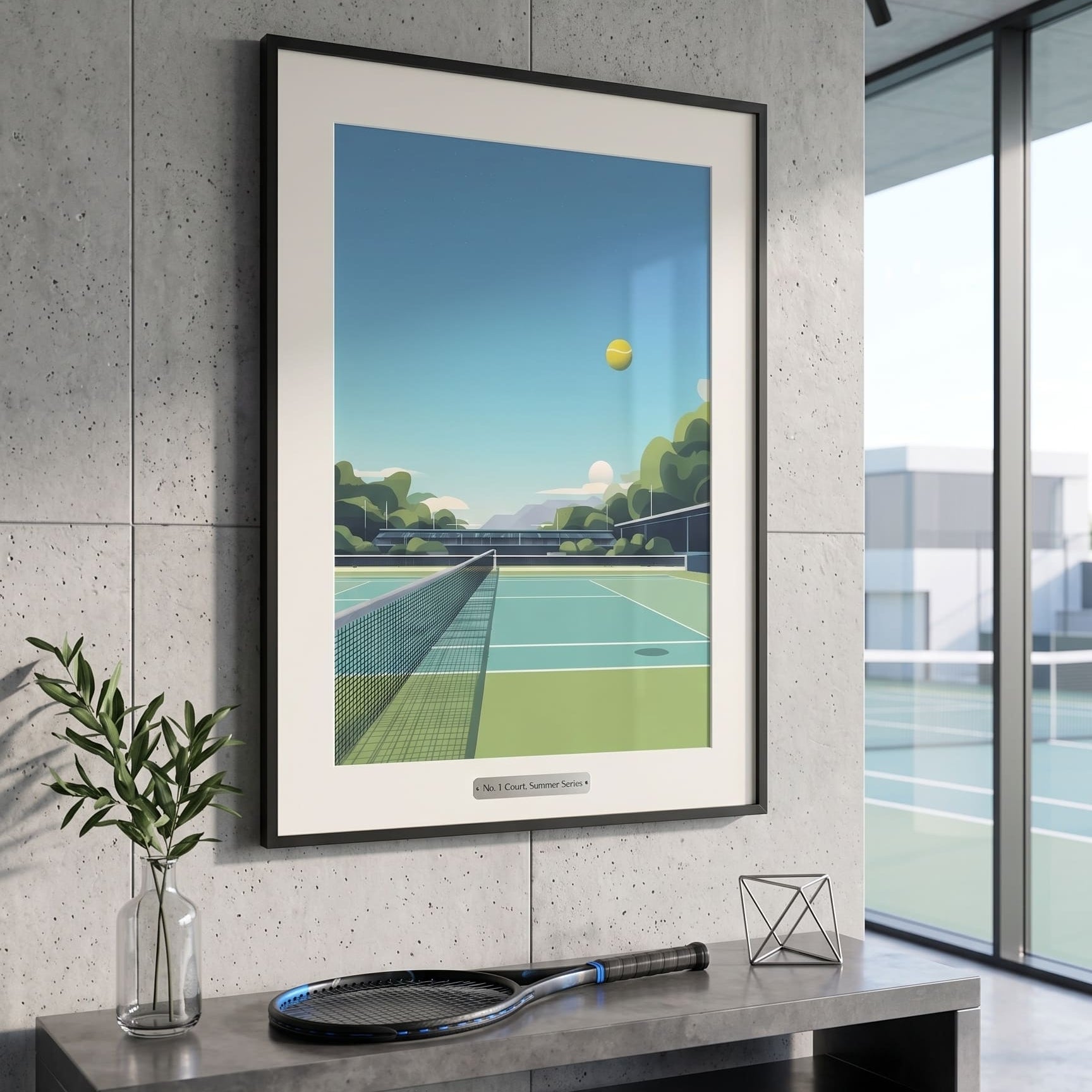 A framed art print depicting a tennis court scene with a yellow tennis ball, hanging on a gray concrete wall above a console table with a racket and vase.