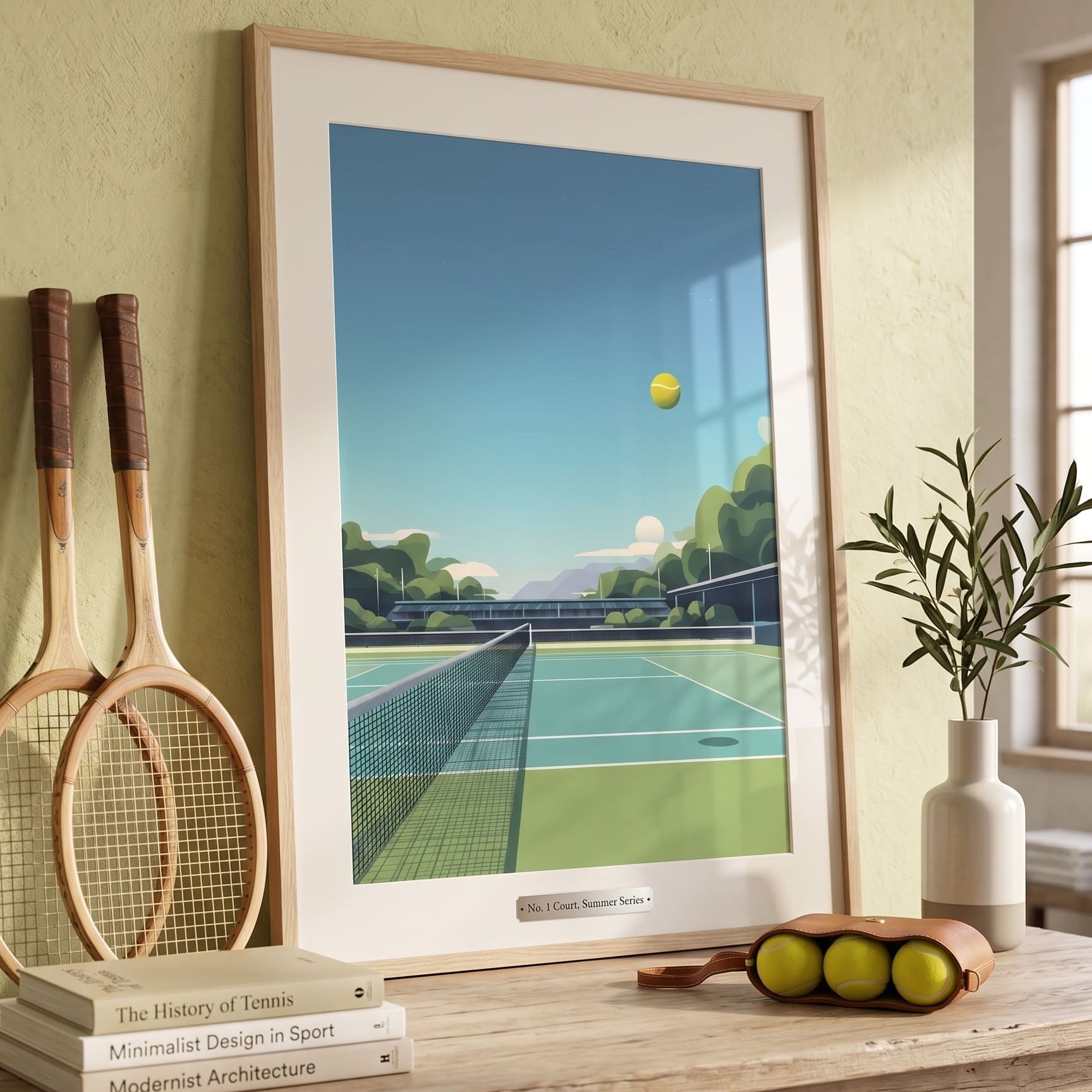 A framed art print depicting a tennis court scene hangs on a textured light green wall above a rustic wooden table. The print is styled in a room setting with wooden tennis rackets, books, a vase with greenery, and a wooden tennis ball tray on the table.