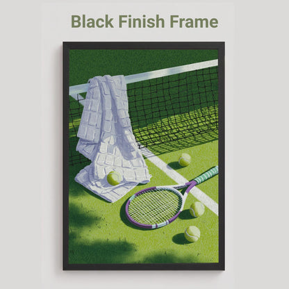 A black finish framed tennis-themed art print on a light gray background. The print shows a green tennis court with a white towel draped over the net, tennis balls, and a racket. Vintage tennis racket, towel and balls resting on a grass court, retro lilac and sage tennis wall art print