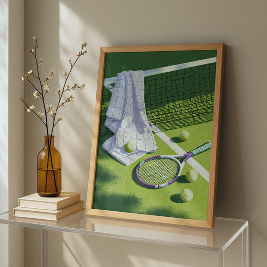 A framed art print depicting a tennis court scene with a towel, racket, and tennis balls, styled on a glass shelf next to a brown glass vase with branches. Vintage tennis racket, towel and balls resting on a grass court, retro lilac and sage tennis wall art print