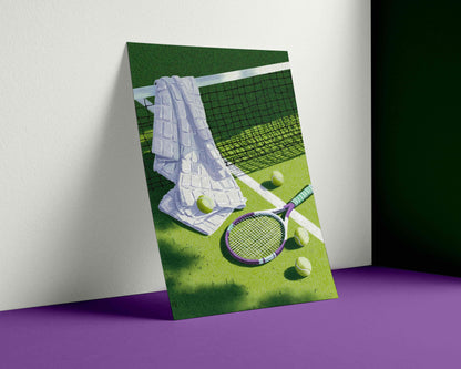 A vertical art print depicting a tennis court scene with a white towel, tennis balls, and a racket on a green court, leaning against a white wall on a purple surface. Vintage unframed print only tennis racket, towel and balls resting on a grass court, retro lilac and sage tennis wall art print