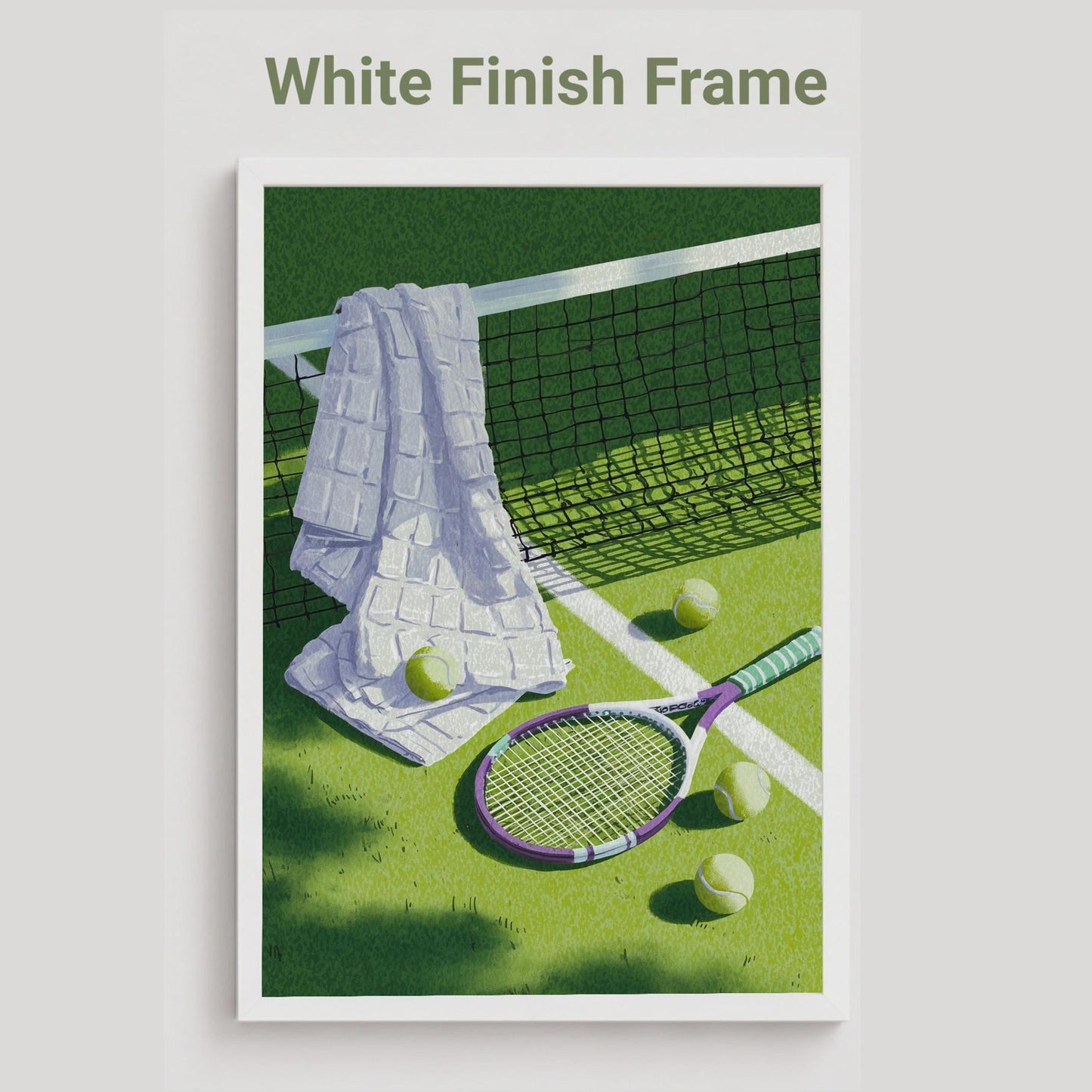 white finish framed vintage tennis racket, towel and balls resting on a grass court, retro lilac and sage tennis wall art print