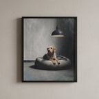 A framed wall art print hanging on a light beige textured wall. The artwork depicts a small tan dog lying on a round gray cushion under a hanging lamp in a moody gray room.