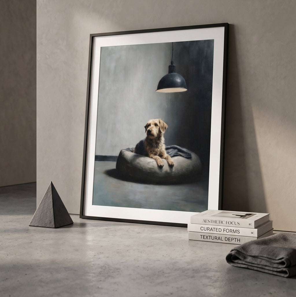 A framed art print leaning against a textured gray wall on a concrete floor, showing a small dog sitting in a cushion under a hanging lamp. The print is styled with books and a folded cloth nearby.