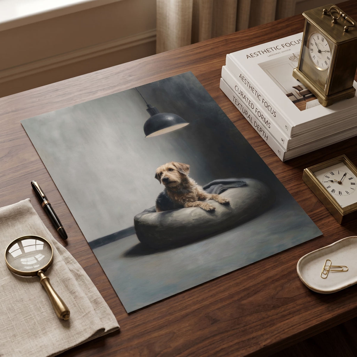 A rectangular art print or poster lying on a wooden desk, depicting a small dog sitting on a cushion under a hanging lamp. The print is styled in a warm interior scene with books, clocks, a magnifying glass, and a pen around it.
