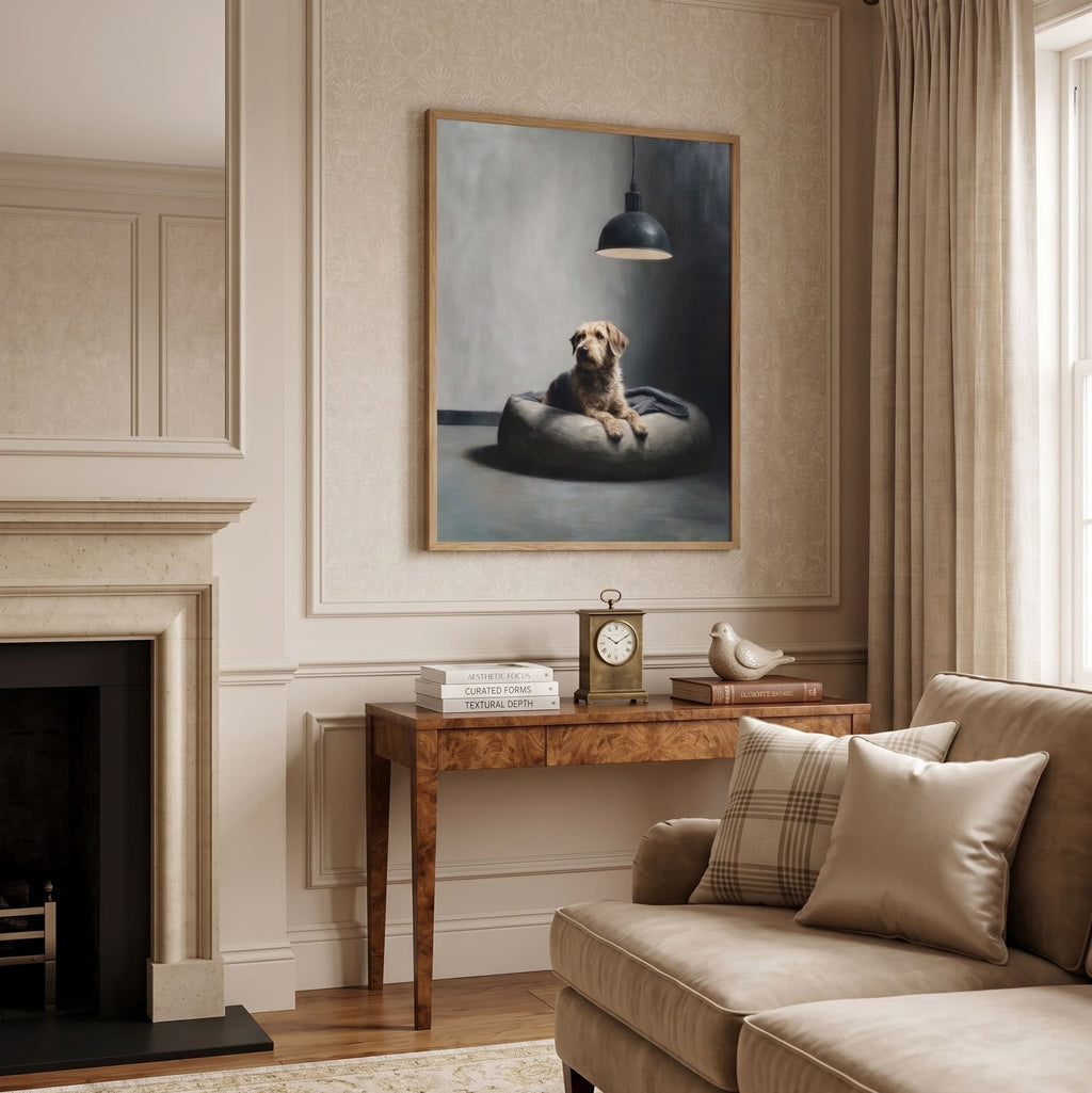 A framed portrait painting of a dog sitting on a cushion under a lamp, displayed on a beige wall in a styled living room with a sofa, fireplace, and console table.