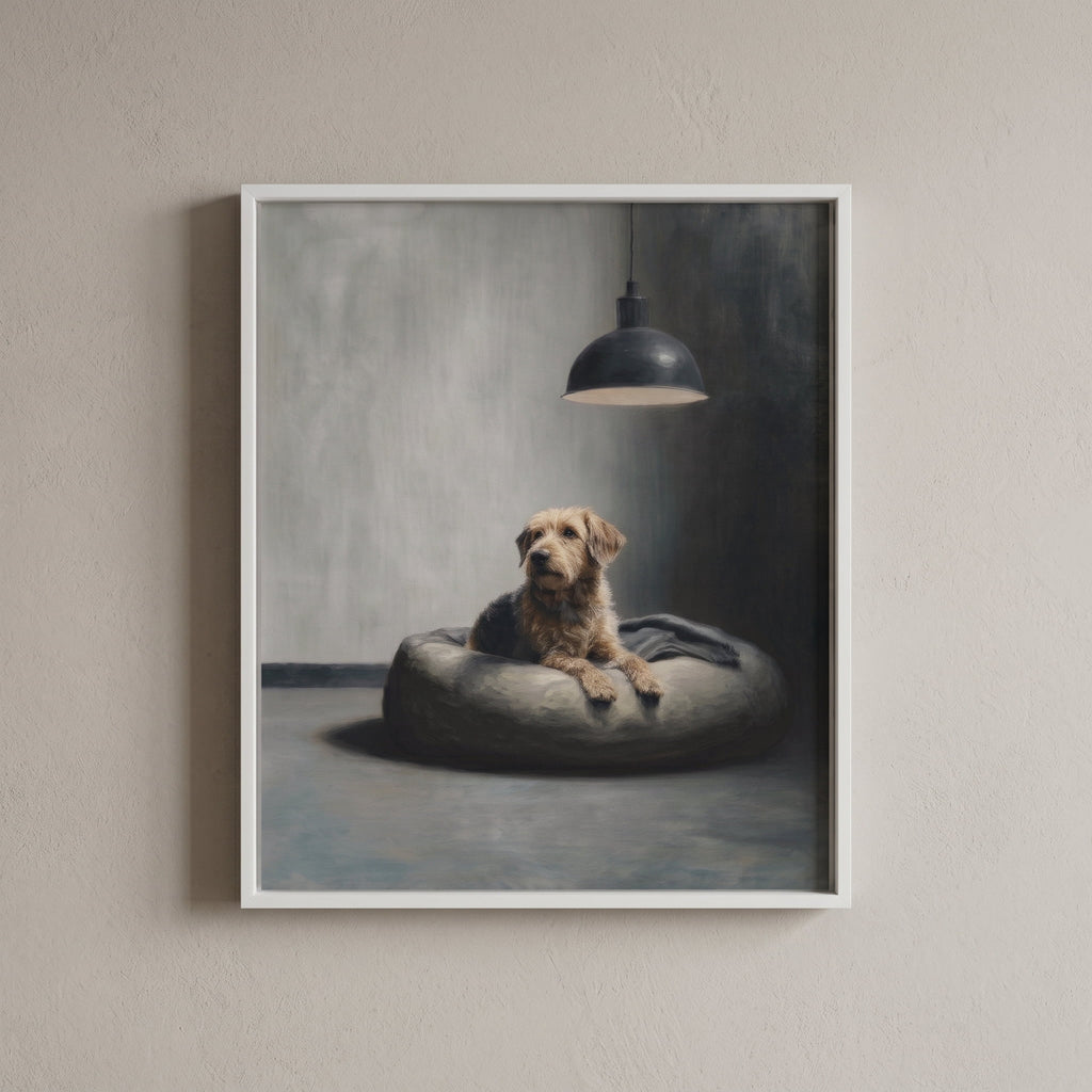 A framed art print featuring a dog lying on a round cushion under a hanging lamp, hung on a light beige textured wall.