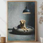 A framed vertical canvas print featuring a dog portrait, styled on a wooden shelf in a modern interior setting with dried flowers and decorative vases.