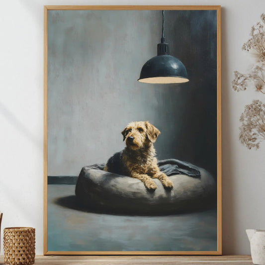 A framed vertical canvas print featuring a dog portrait, styled on a wooden shelf in a modern interior setting with dried flowers and decorative vases.