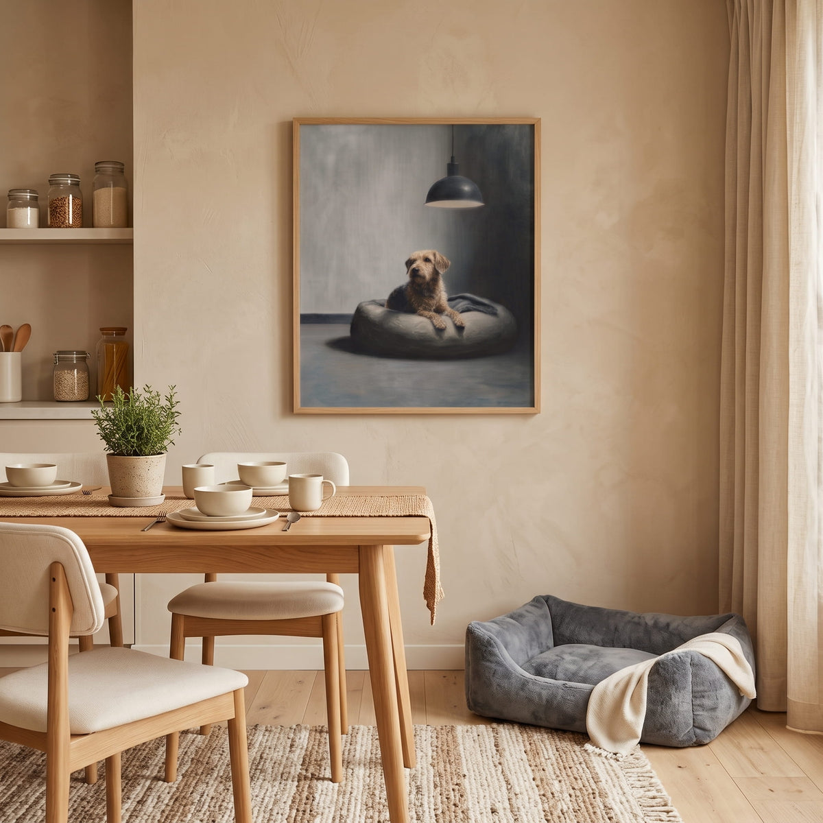A framed vertical art print depicting a golden retriever dog lying on a gray pet bed under a hanging lamp, displayed on a beige wall in a styled dining room with a wooden table, chairs, and a gray pet bed on the floor.
