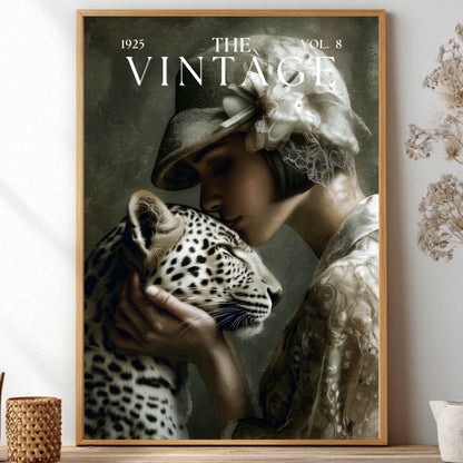Vintage magazine cover art print featuring a 1920s woman in a lace hat caressing a leopard for moody retro apartment decor and bar cart wall art, Flapper, Downtown Abbey, Great Gatsby.