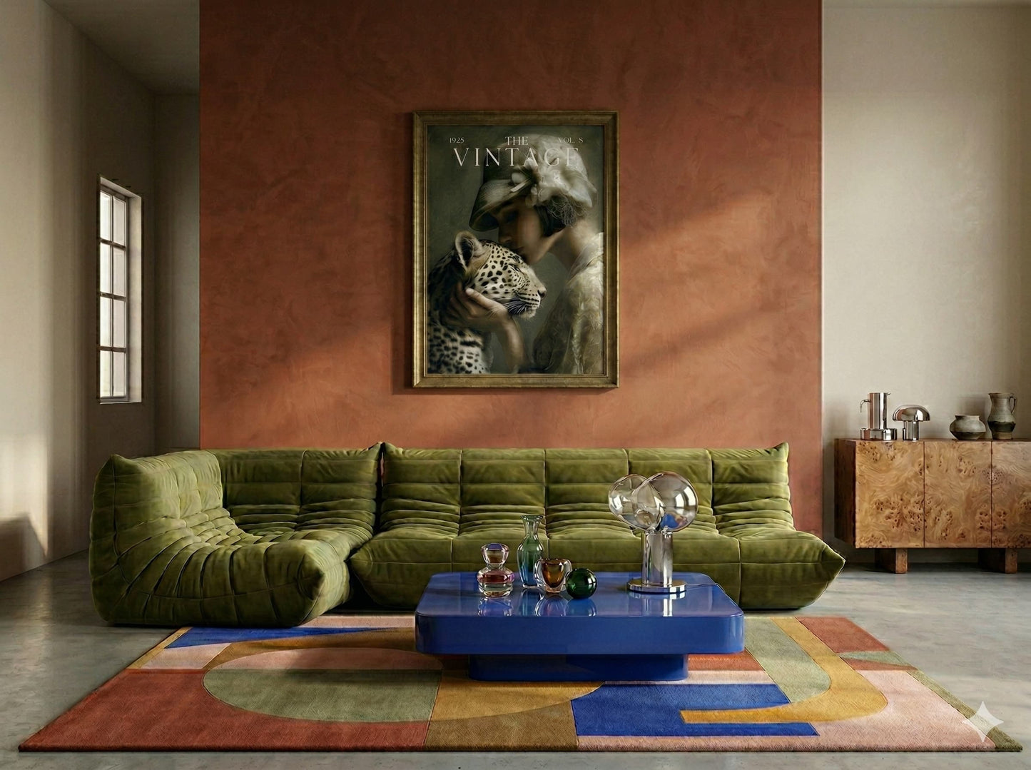 Modern living room with a green sofa, colorful rug, and abstract painting on a red wall. Vintage magazine cover art print featuring a 1920s woman in a lace hat caressing a leopard for moody retro apartment decor and bar cart wall art, Flapper, Downtown Abbey, Great Gatsby.