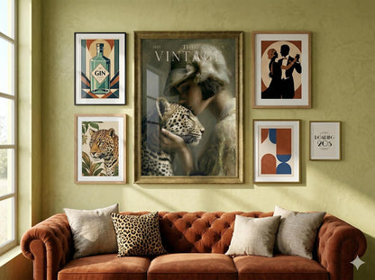 Sofa, Living Room, Sitting Room, Snug, Vintage magazine cover art print featuring a 1920s woman in a lace hat caressing a leopard for moody retro apartment decor and bar cart wall art, Flapper, Downtown Abbey, Great Gatsby.