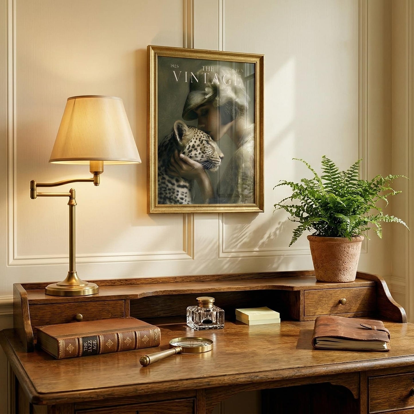 Office desk, Vintage magazine cover art print featuring a 1920s woman in a lace hat caressing a leopard for moody retro apartment decor and bar cart wall art, Flapper, Downtown Abbey, Great Gatsby.