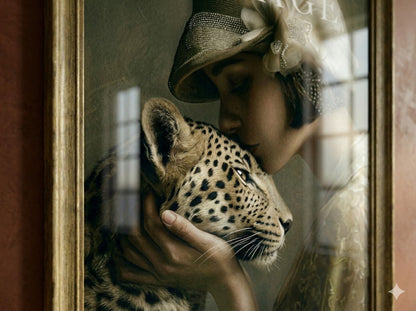 Person holding a leopard with a decorative hat in a mirror reflection. Vintage magazine cover art print featuring a 1920s woman in a lace hat caressing a leopard for moody retro apartment decor and bar cart wall art, Flapper, Downtown Abbey, Great Gatsby.