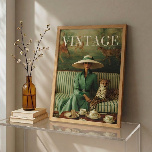 Vintage 1950s fashion editorial wall art print — elegant woman in sage green dress and wide-brimmed straw hat seated beside a reclining cheetah on a striped sofa, with an oil-painted African mural backdrop and fine china tea service
