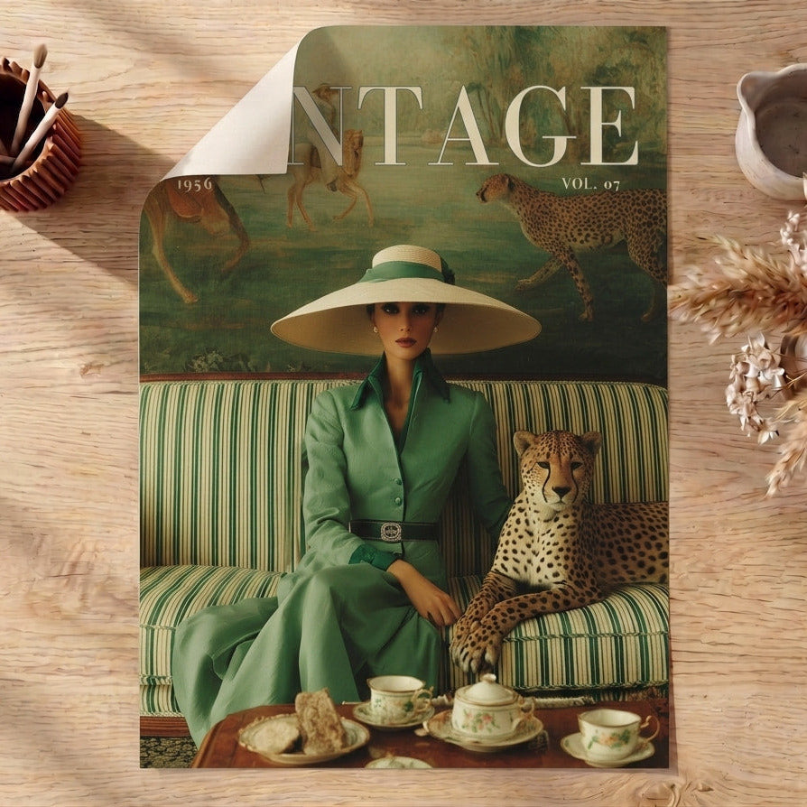 Vintage 1950s fashion editorial wall art print — elegant woman in sage green dress and wide-brimmed straw hat seated beside a reclining cheetah on a striped sofa, with an oil-painted African mural backdrop and fine china tea service
