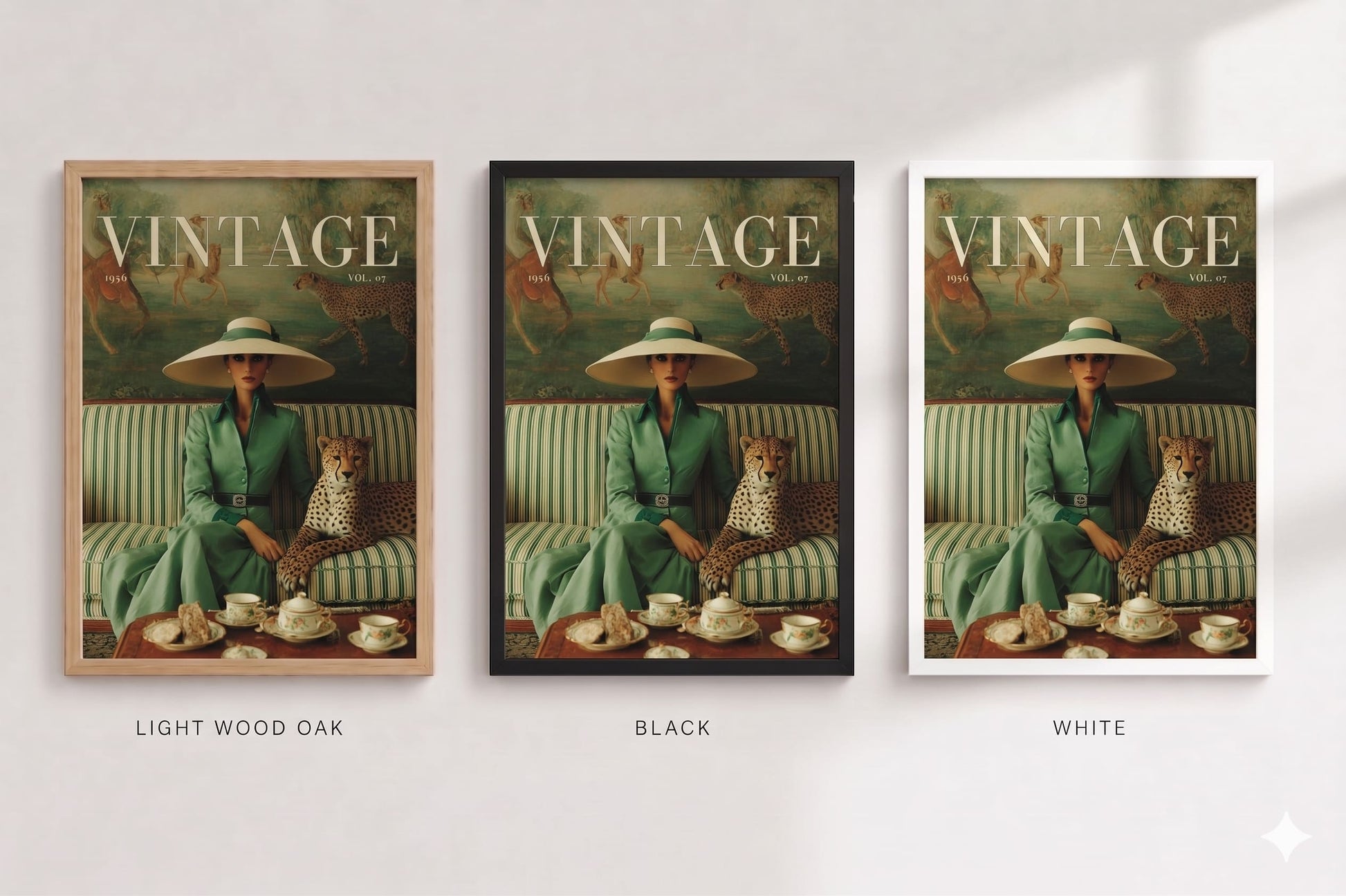 Three framed artworks of a woman in a green dress with a hat, sitting on a couch with a leopard, displayed in different frames.
