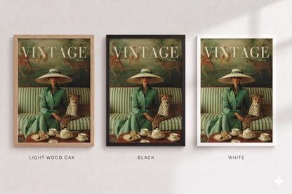 Three framed artworks of a woman in a green dress with a hat, sitting on a couch with a leopard, displayed in different frames.