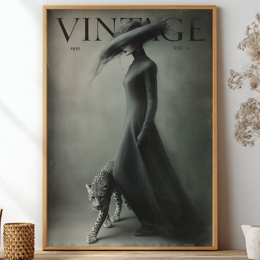 Framed vintage-style poster of a woman in a long dress with a hat and a leopard on a neutral background.