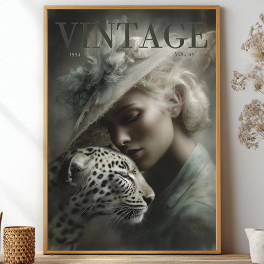Framed vintage artwork of a woman with a leopard / cheetah on a shelf with decorative items.