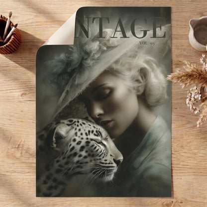 Vintage magazine cover with a woman and leopard on a wooden surface with decorative items. print only - unframed