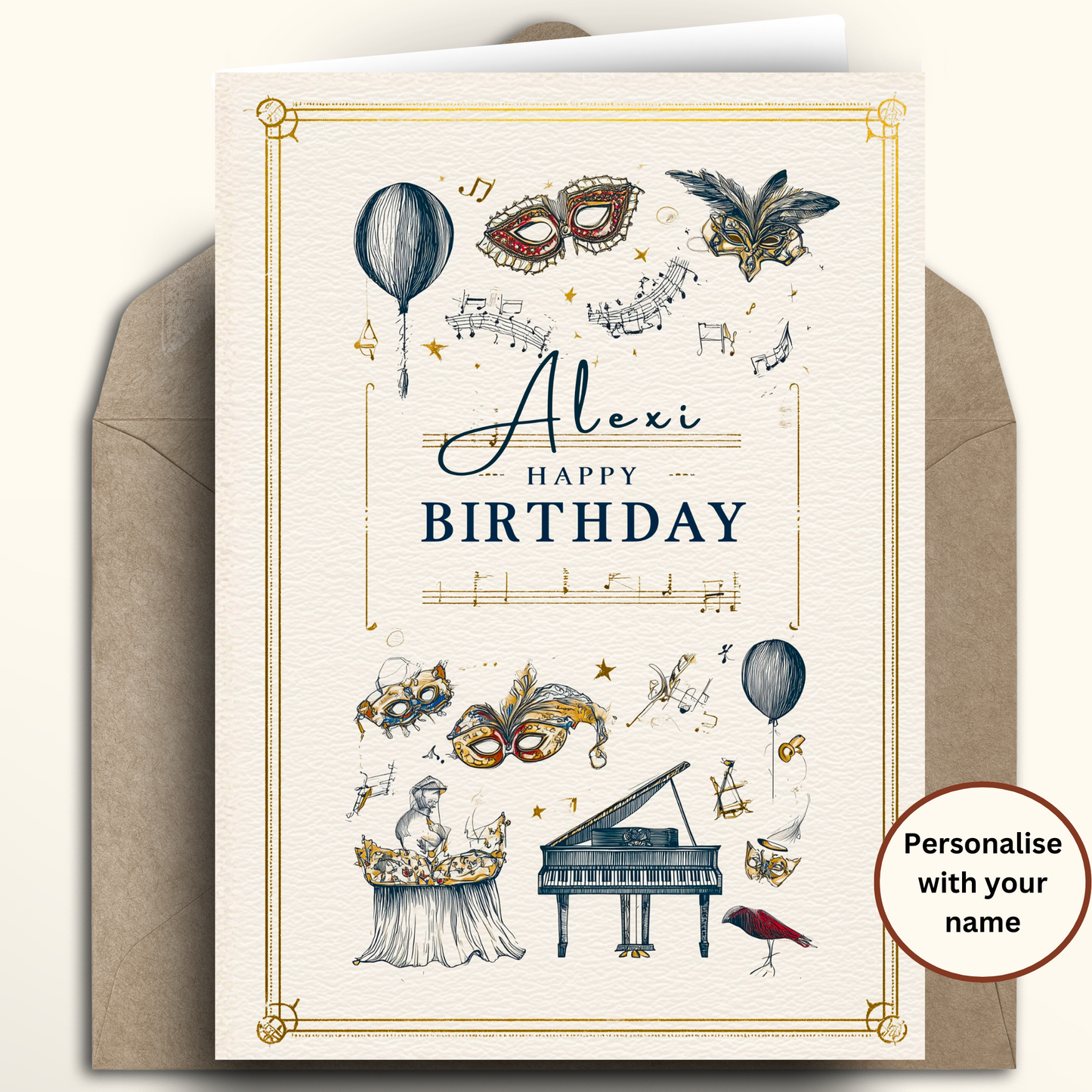 A customisable birthday card with a masquerade theme, shown standing upright in front of a brown envelope. The cream card features gold border details, blue and gold illustrations of masks, a grand piano, and hot air balloons, with the text 'Alexi Happy BIRTHDAY'.