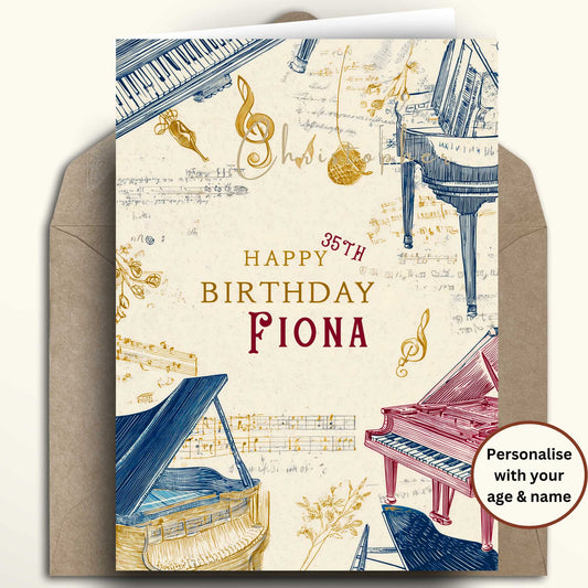 Musical piano theme birthday card with a speckled, matte finish in cream, light grey, and dark grey. Each piano features a simple, modern design.