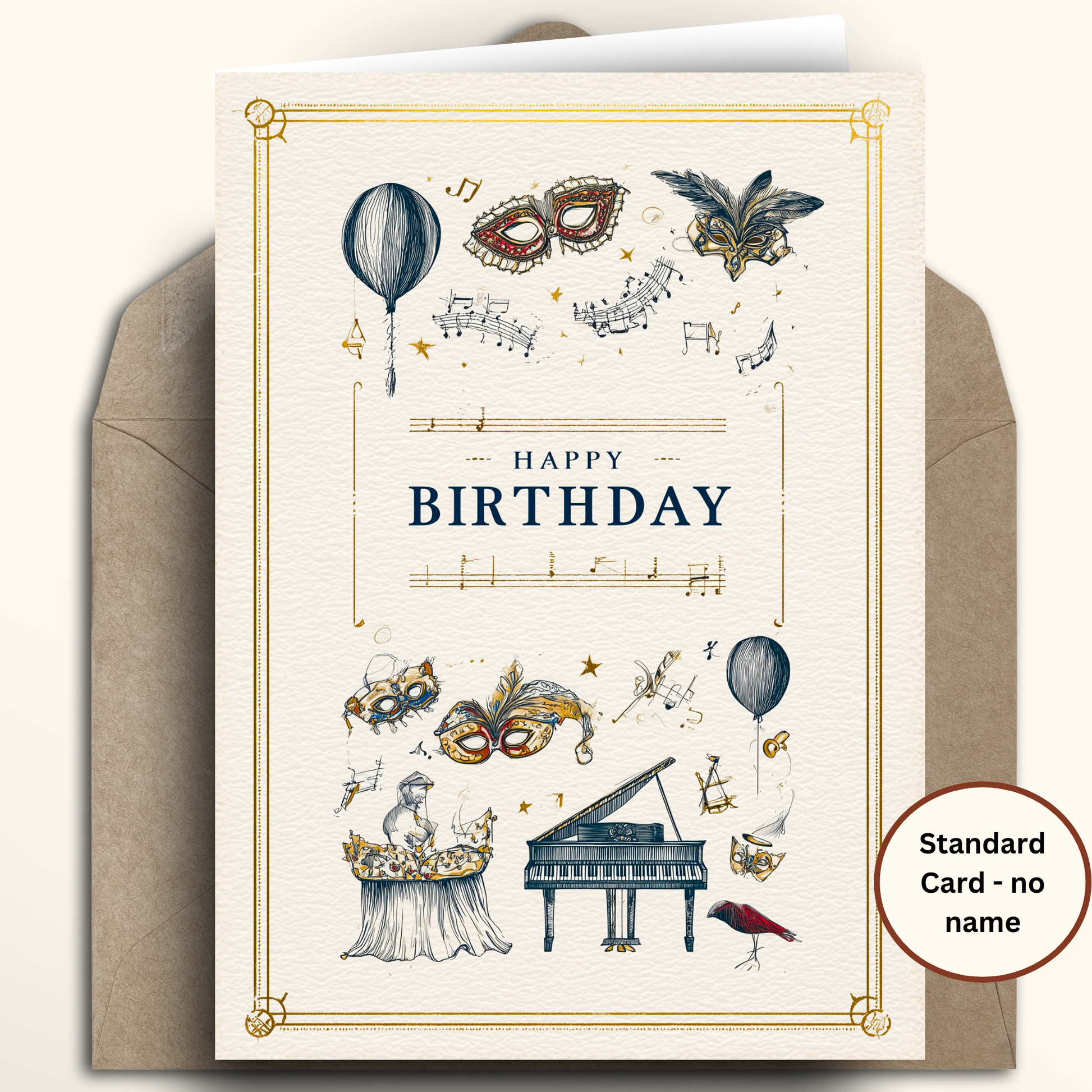 A birthday card with an illustrated vintage design, shown standing upright in front of a brown envelope on a light beige background. The card reads 'HAPPY BIRTHDAY' with decorative masks, balloons, music notes, a piano, and other whimsical drawings.
