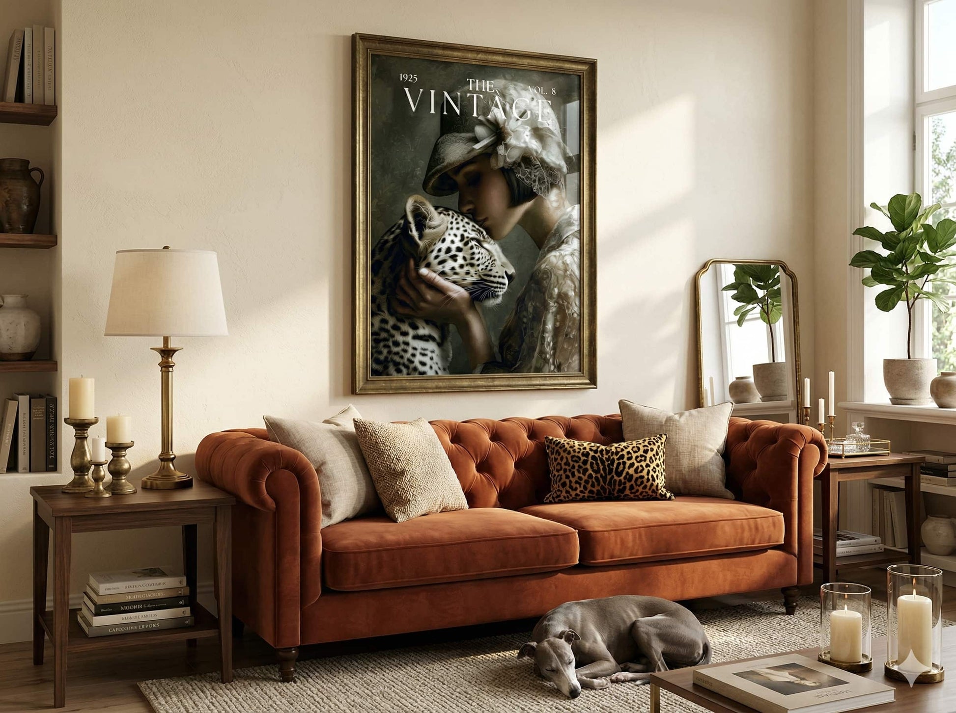 Living room with brown sofa, decorative pillows, and a framed magazine cover on the wall. Vintage magazine cover art print featuring a 1920s woman in a lace hat caressing a leopard for moody retro apartment decor and bar cart wall art, Flapper, Downtown Abbey, Great Gatsby.