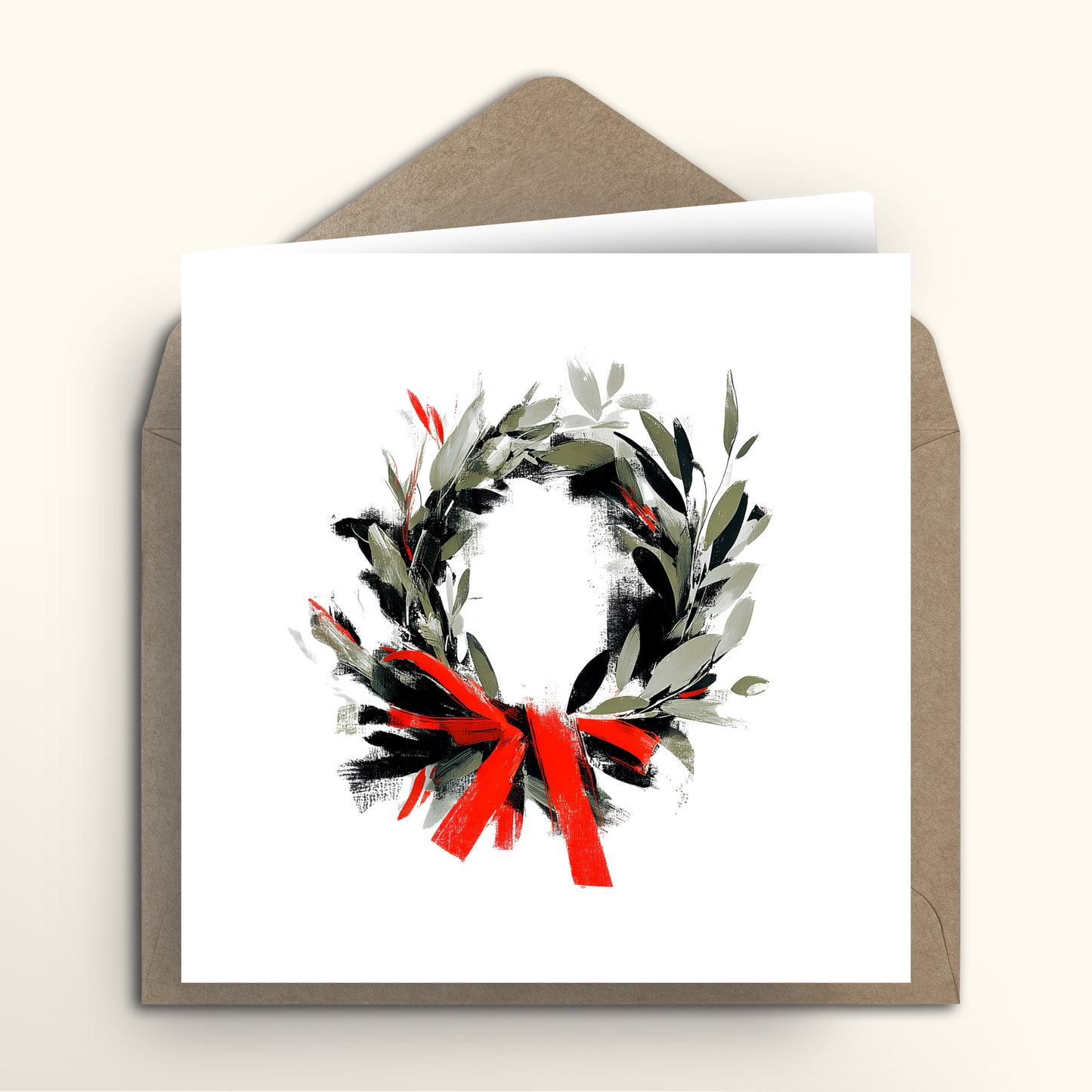 Greeting card with a festive wreath design on a white background