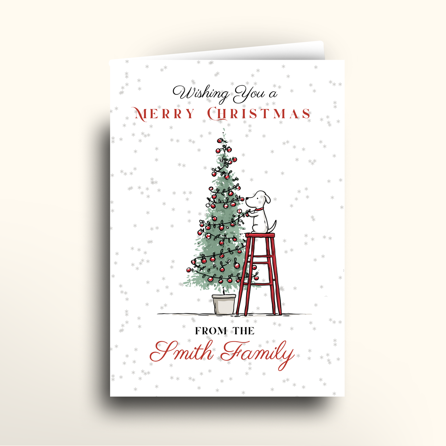 Christmas card with a dog on a ladder and Christmas tree, personalized for 'Smith Family'.
