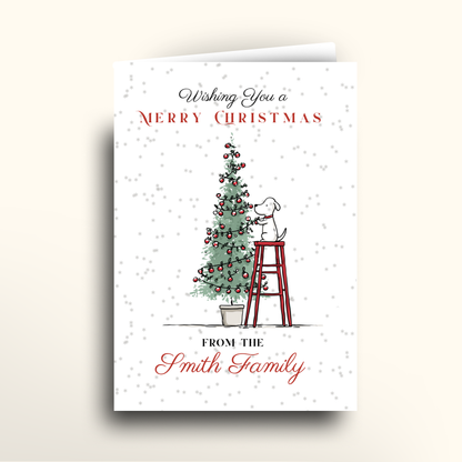 Christmas card with a dog on a ladder and Christmas tree, personalized for 'Smith Family'.