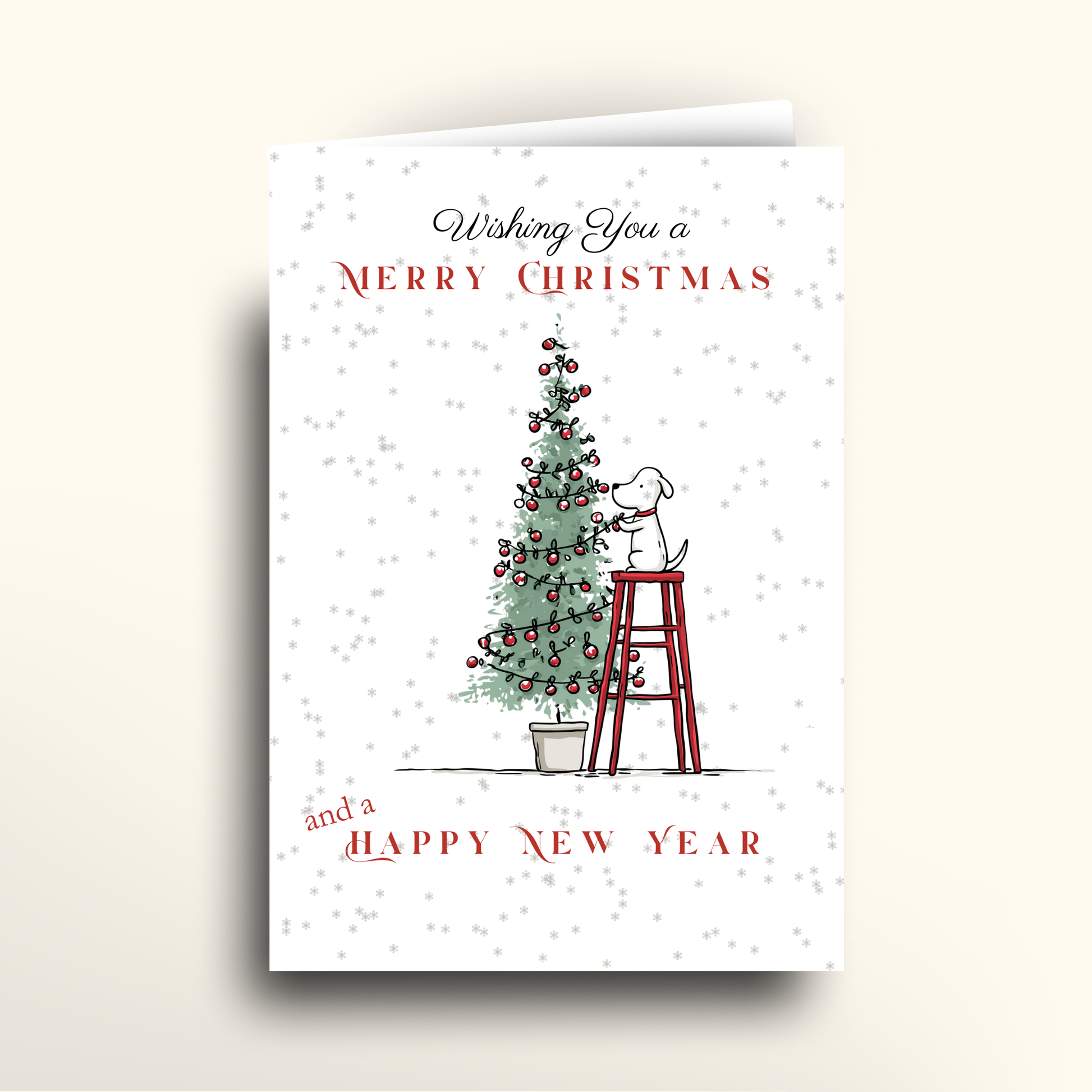 Christmas card with a dog on a stool decorating a tree, on a light beige background.