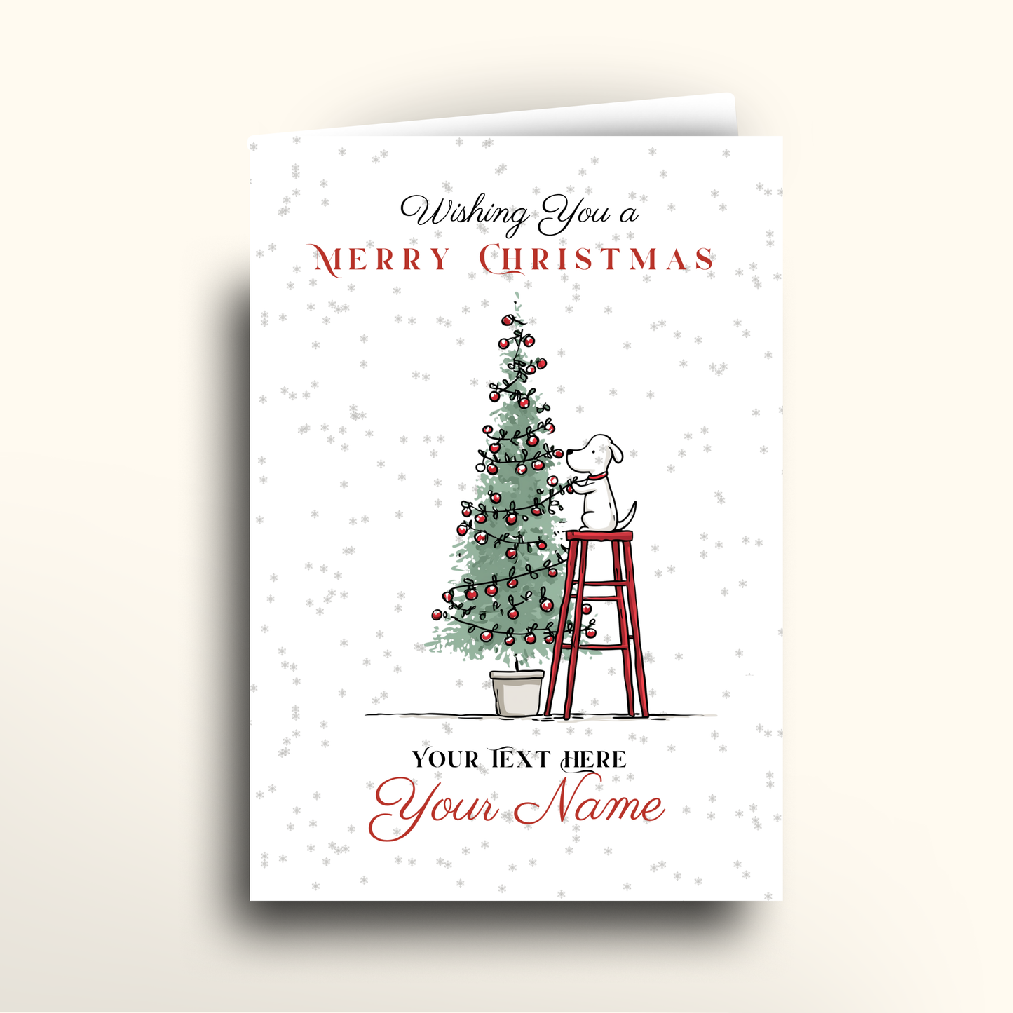 Christmas card with a dog on a stool by a decorated tree, text space for personalization.