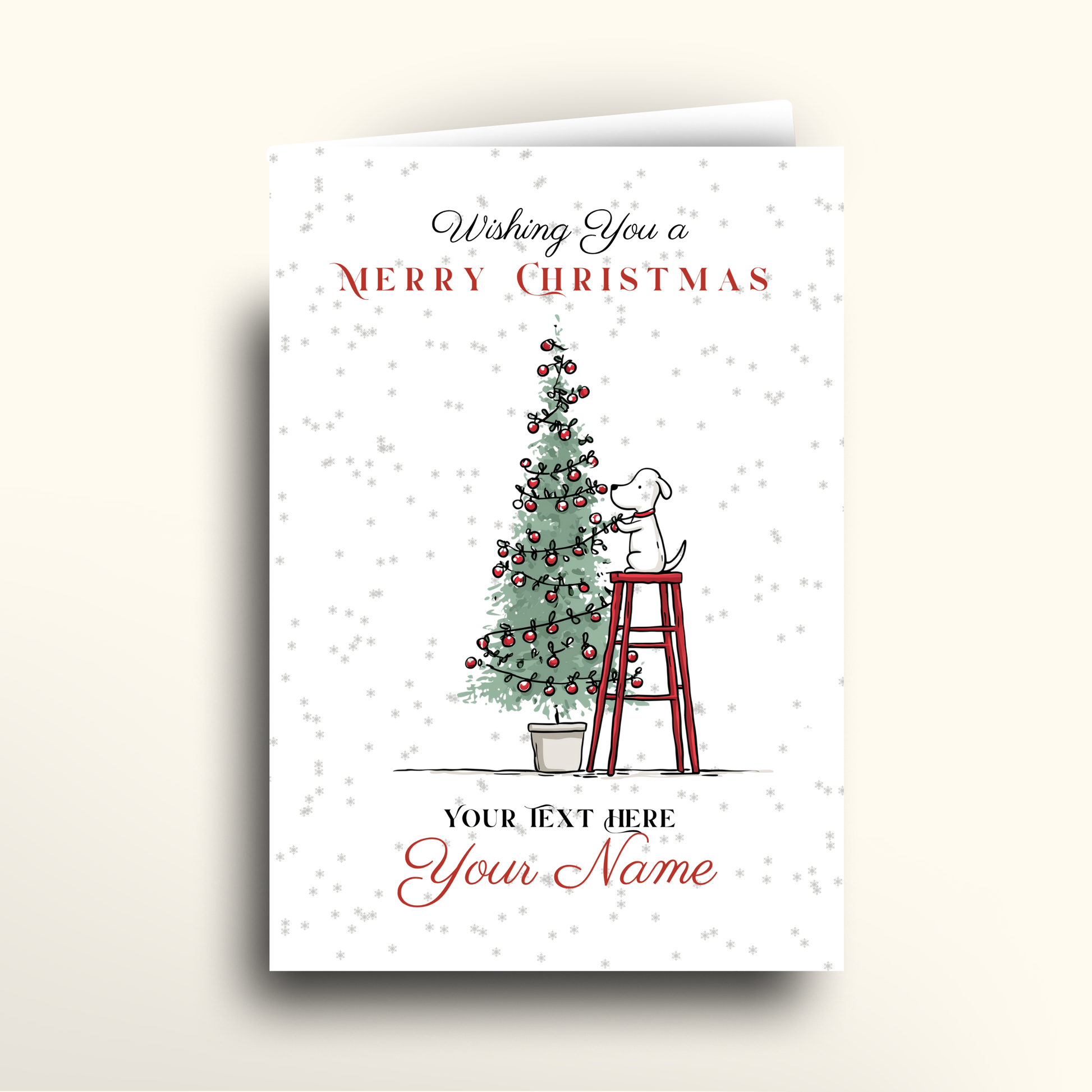 Christmas card with a dog on a stool by a decorated tree, text space for personalization.