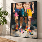 Two of a Kind gay couple print in a black frame leaning against a bright white wall beside a monstera plant, two men in colourful shorts and trainers