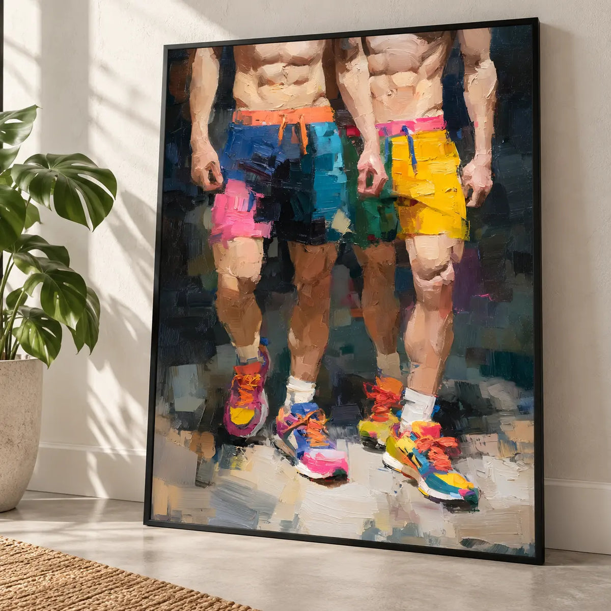 Two of a Kind gay couple print in a black frame leaning against a bright white wall beside a monstera plant, two men in colourful shorts and trainers