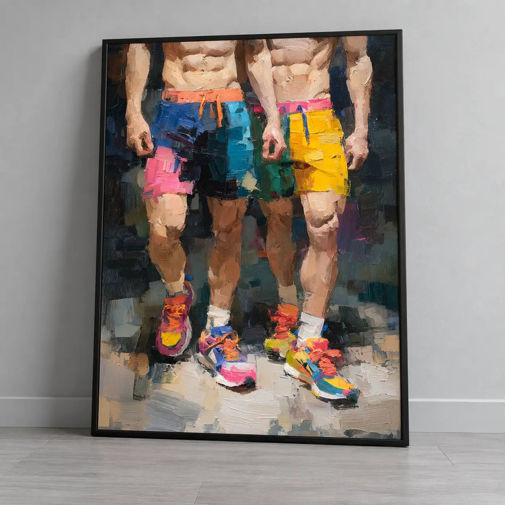 Two of a Kind gay couple print in a black frame leaning against a plain grey wall on a grey floor, two muscular men in bright shorts and running trainers