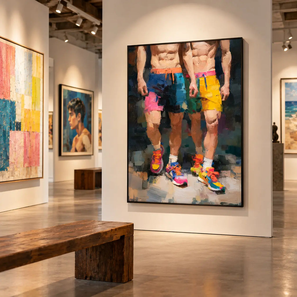 Two of a Kind gay couple print hanging in a contemporary art gallery with a wooden bench in front, two men side by side in colourful shorts and trainers