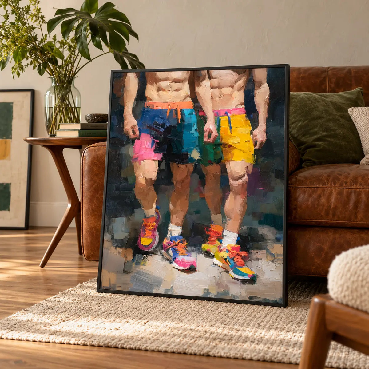 Two of a Kind gay couple print in a black frame leaning against a vintage brown leather sofa in a warm living room, two men in colourful shorts and trainers