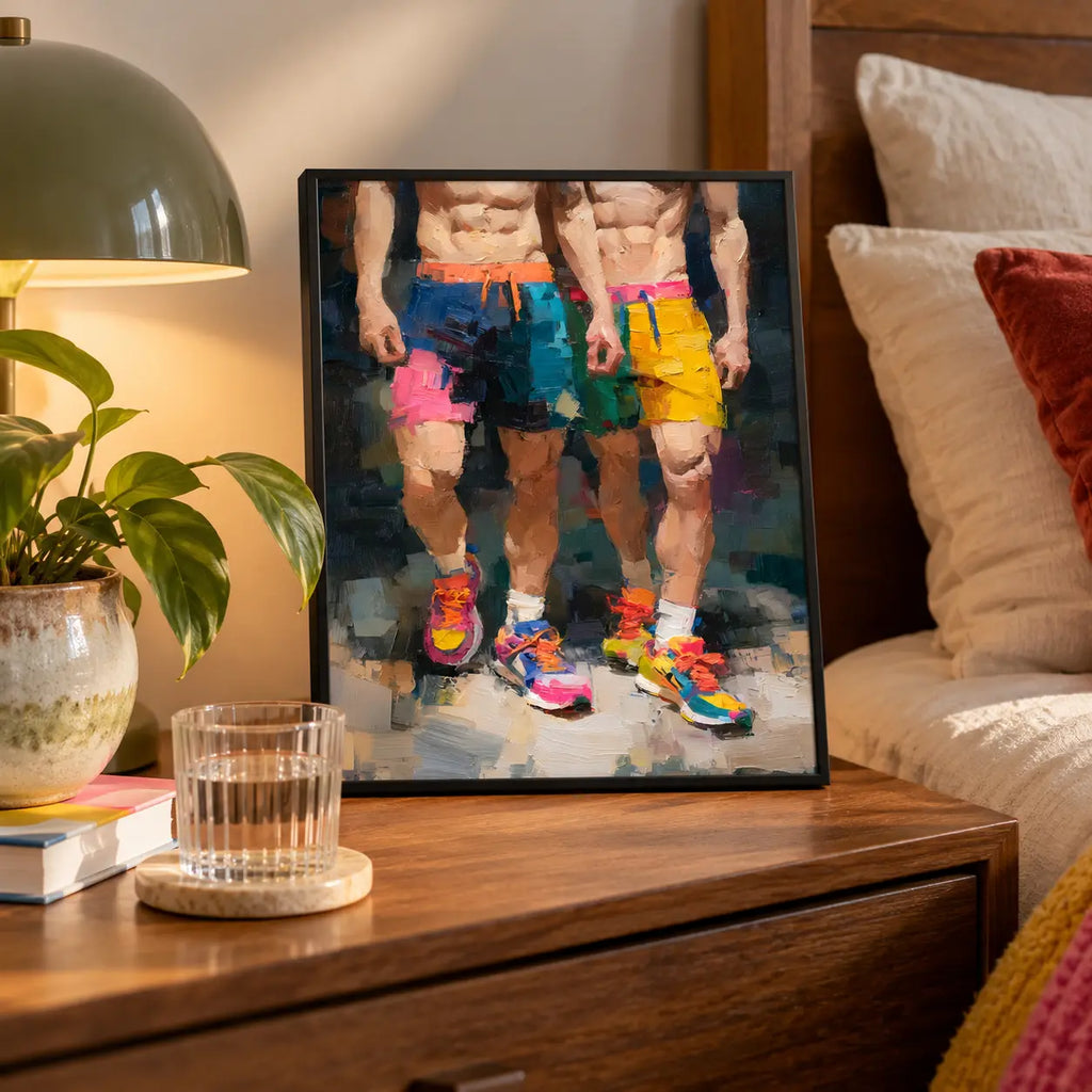 Small Two of a Kind gay couple print in a black frame on a wooden bedside table beside a lamp, plant and glass of water, two men in colourful shorts
