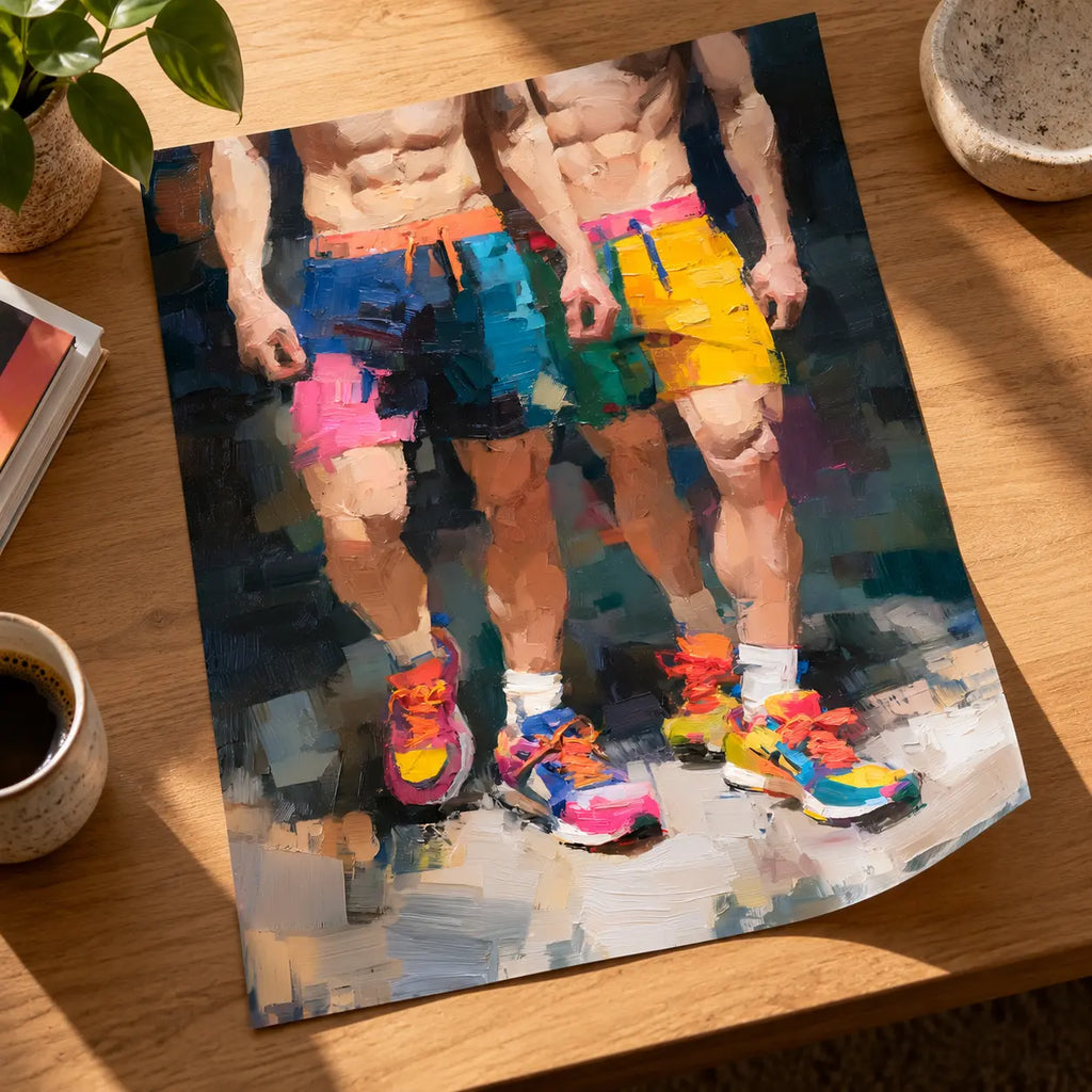 Unframed Two of a Kind poster lying on a wooden desk with coffee and a plant, two muscular men side by side in colourful shorts and running trainers