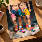 Unframed Two of a Kind poster lying on a wooden desk with coffee and a plant, two muscular men side by side in colourful shorts and running trainers