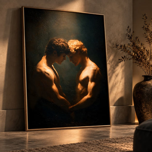 A large framed classical-style painting leaning against a wall in a warmly lit interior. The artwork depicts two shirtless men facing each other with foreheads, rendered in dark, dramatic lighting.