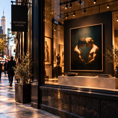A luxury art gallery storefront with a large framed painting of two classical male figures displayed on the window. The black Riverton Gallery sign hangs on the left, with city street, pedestrians, and warm interior lighting visible through the glass.