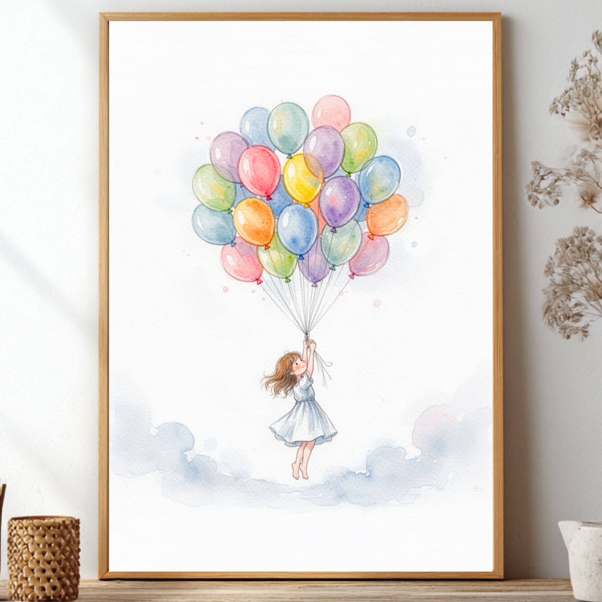 Framed artwork of a girl with colorful balloons against a white background