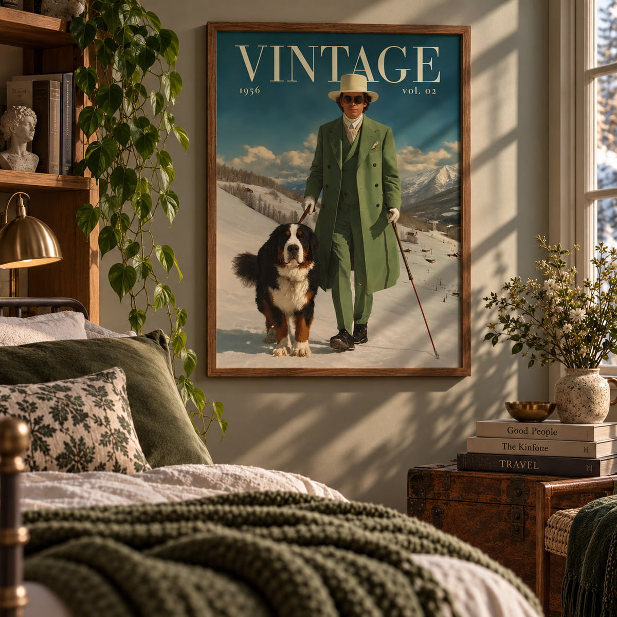 A framed vintage-style poster hanging on a bedroom wall, showing a man in a green suit walking a black-and-white dog in a snowy landscape. The room includes a bed, pillows, a side table with books and flowers, and a plant.