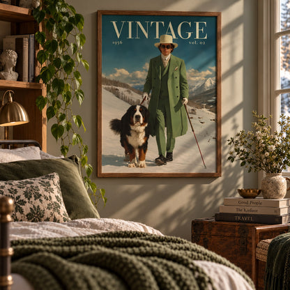 A framed vintage-style poster hanging on a bedroom wall, showing a man in a green suit walking a black-and-white dog in a snowy landscape. The room includes a bed, pillows, a side table with books and flowers, and a plant.