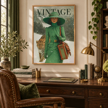 A framed vintage-style wall poster hangs above a wooden desk in a styled room. The poster shows a woman in a green coat and hat walking with a leopard in the snow, with the word VINTAGE at the top.